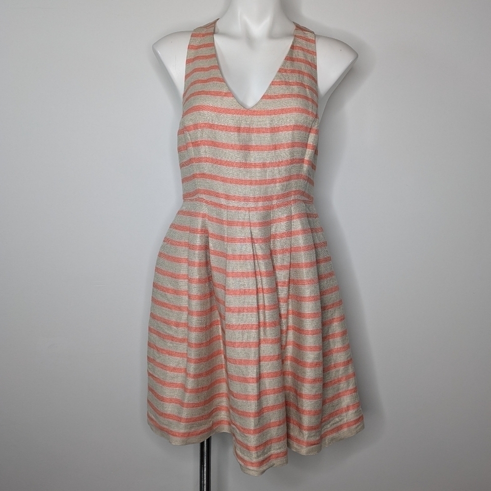 NWT Banana Republic peach tan striped linen blend sleeveless knee length dress 8
